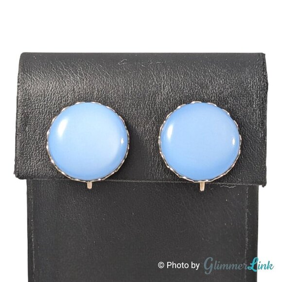 Jewelry - Vintage Blue Moonglow Plastic Cabochon Screw Back Silver Tone Earrings